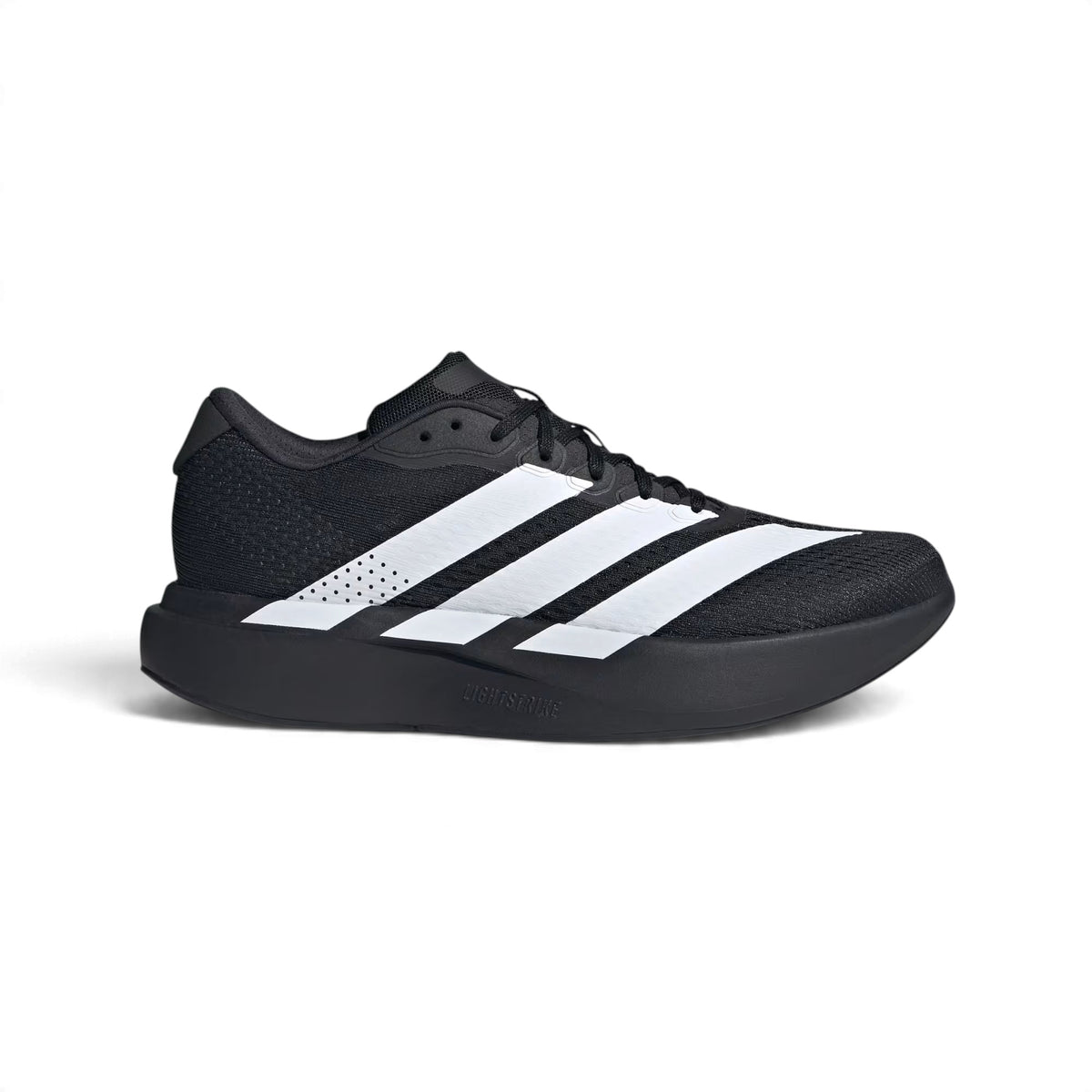 Soulier de course Adidas Adizero Pacer pour hommes, blanc et noir, vue de côté avec trois bandes