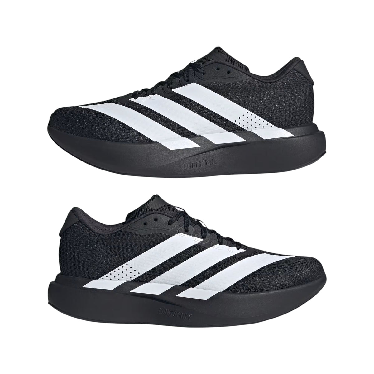 Paire de souliers de course Adidas Adizero Pacer pour hommes, blanc et noir, vues de côté