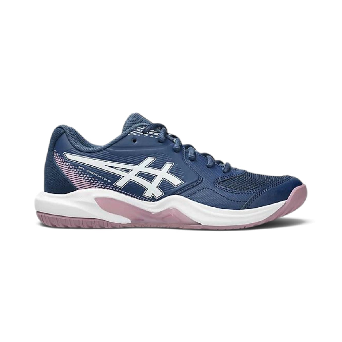 Soulier de tennis Asics GEL-DEDICATE 9 pour femmes, bleu avec semelle rose, vue de côté