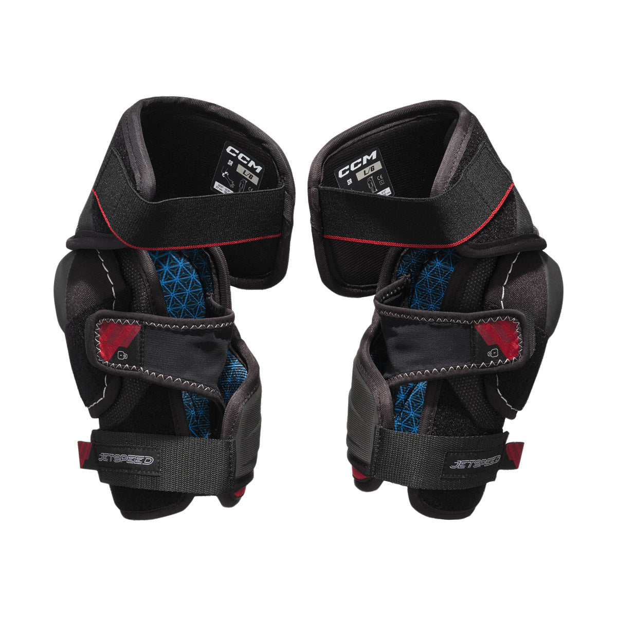 Coudières de hockey CCM JETSPEED FT880 senior, noires, paire vue de l'intérieur avec doublure et sangles