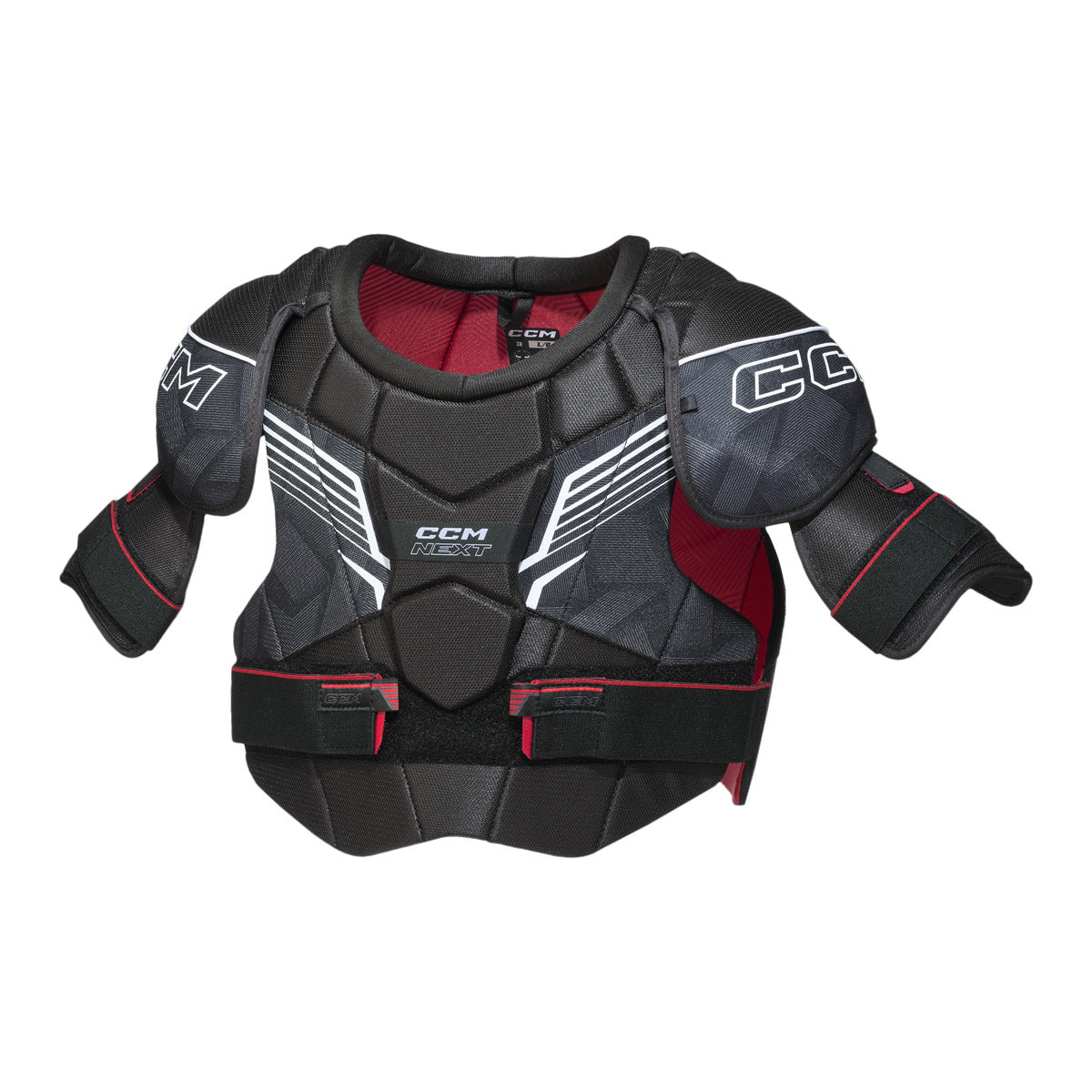 Épaulettes de hockey CCM NEXT pour adultes, vue de face avec logo CCM NEXT, coques d'épaule et sangles de ceinture