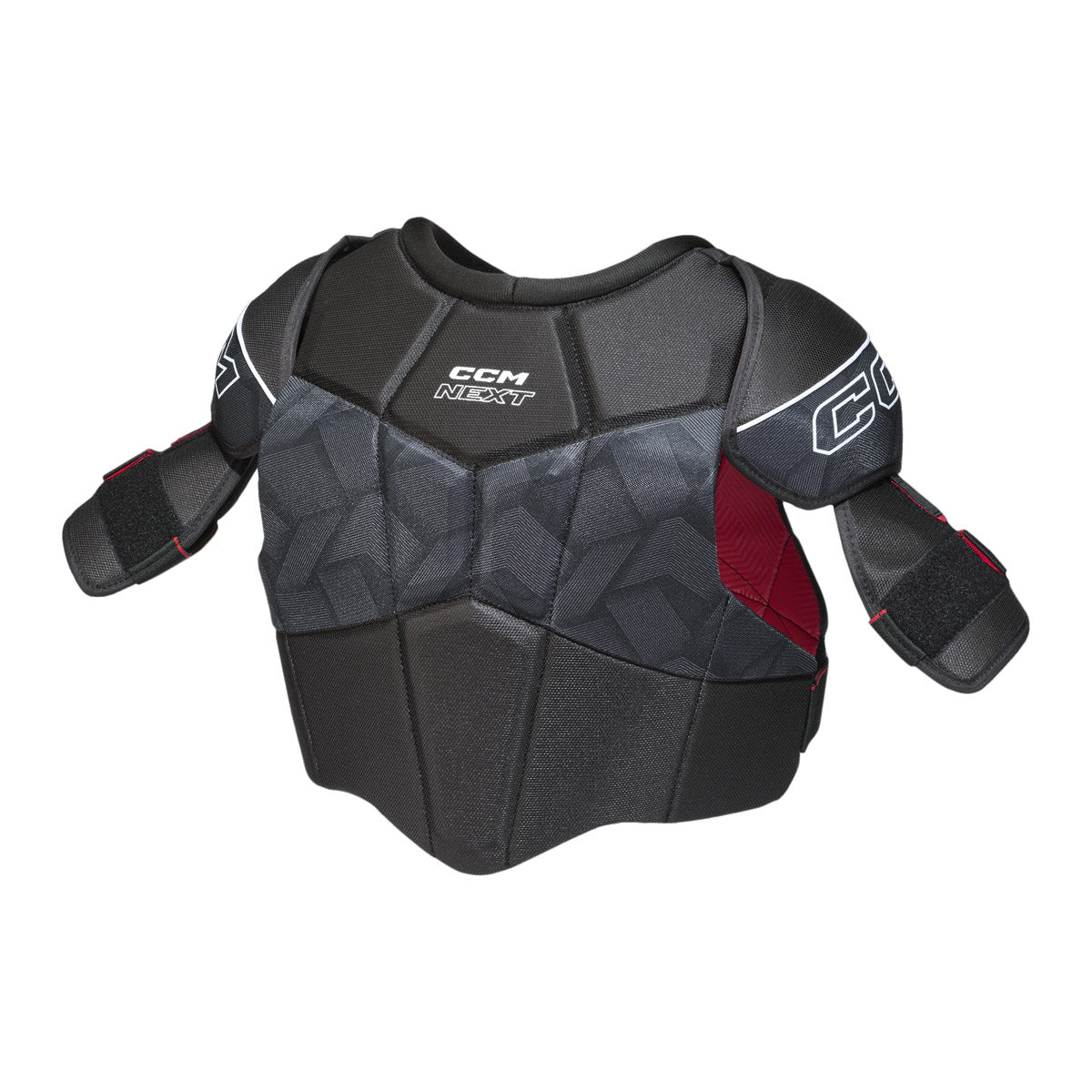 Épaulettes de hockey CCM NEXT pour adultes, vue de dos avec logo CCM NEXT et panneau dorsal rembourré