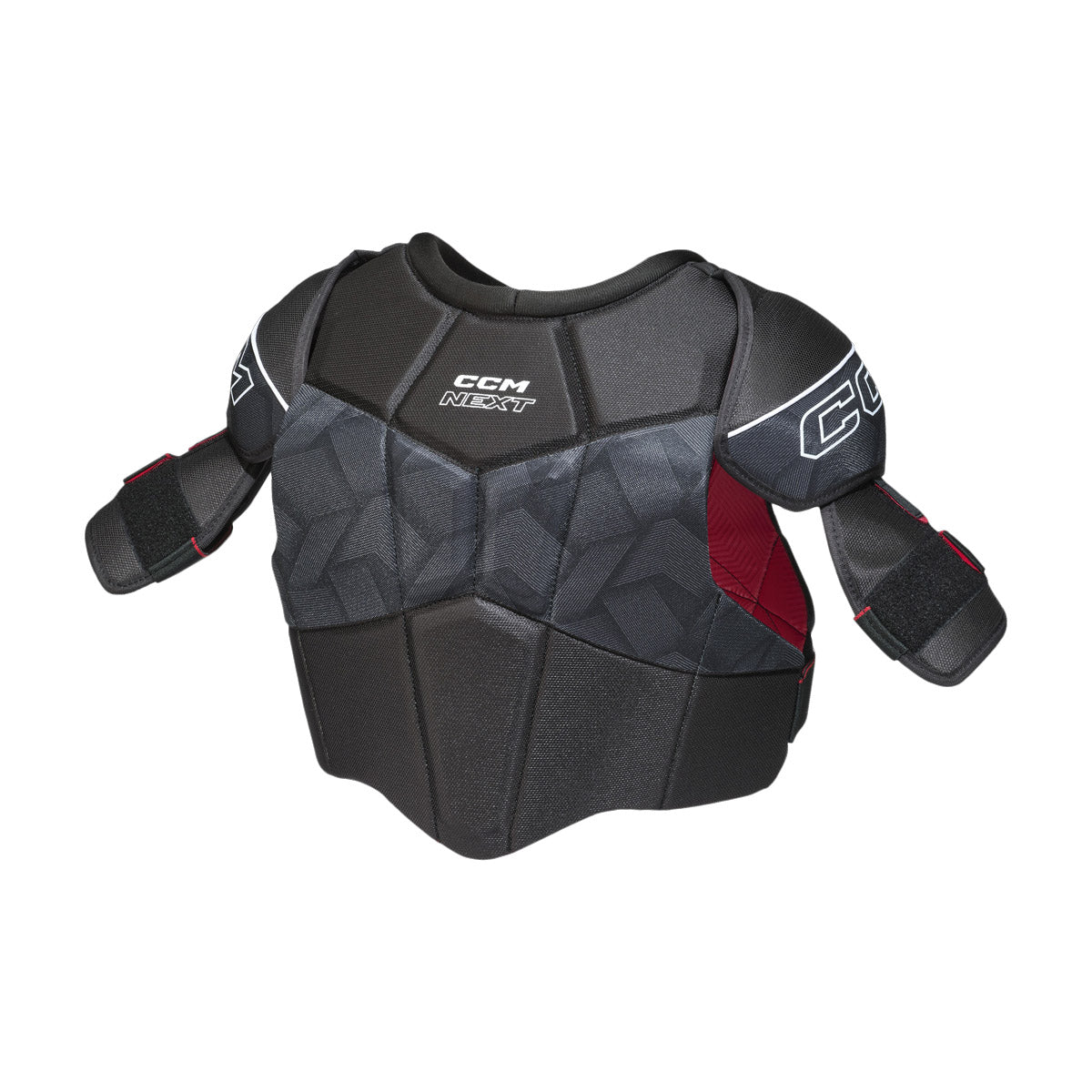 Épaulettes de hockey CCM Next 26 pour juniors, noir, avec logo CCM NEXT sur le torse et courroies de bras à velcro