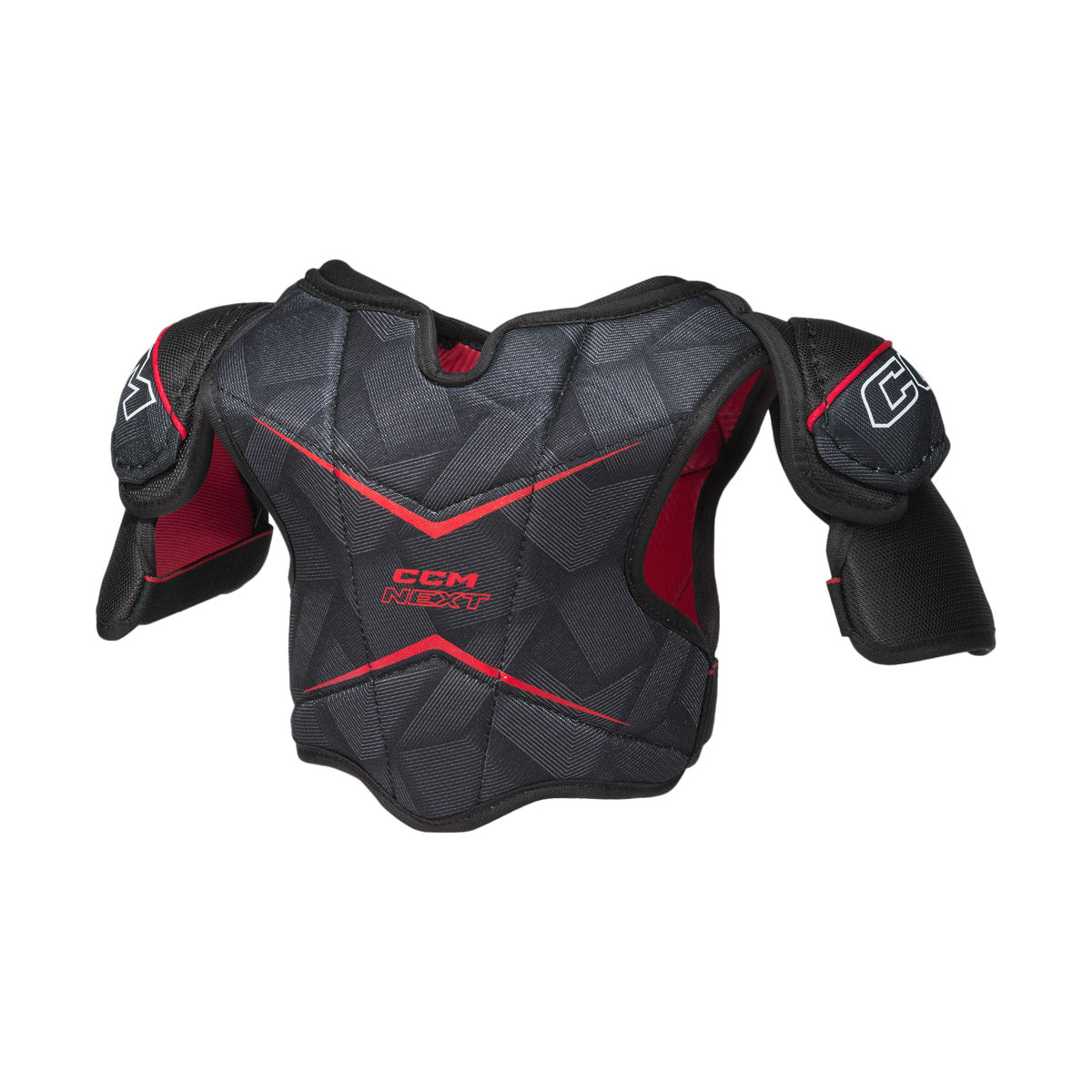 Épaulettes de hockey CCM Next 26 pour petits enfants, noir, panneau à motif gris avec lignes rouges et logo CCM NEXT