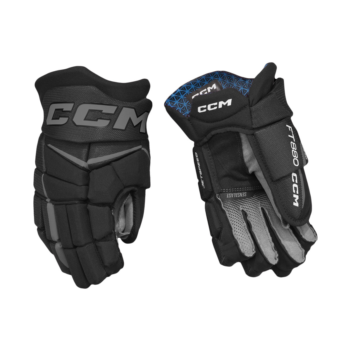 Gants de hockey CCM JETSPEED FT880 junior, noirs, vue du dessus et de la paume avec logo CCM