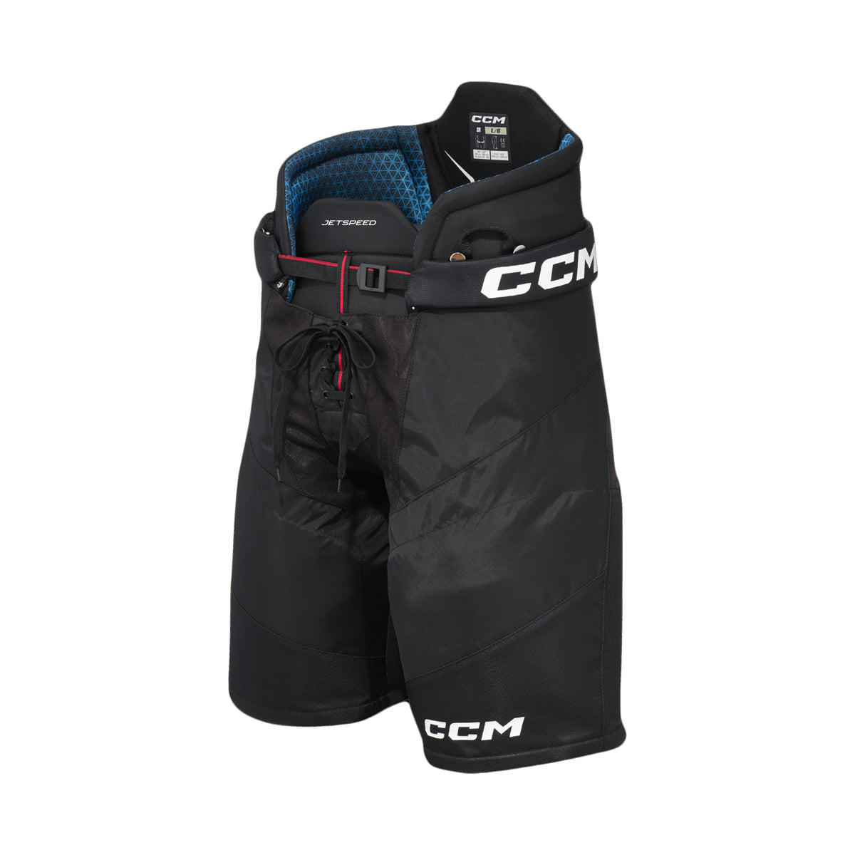Pantalons de hockey CCM JETSPEED senior, noirs, vue de face avec logo CCM sur la ceinture et au bas de la jambe