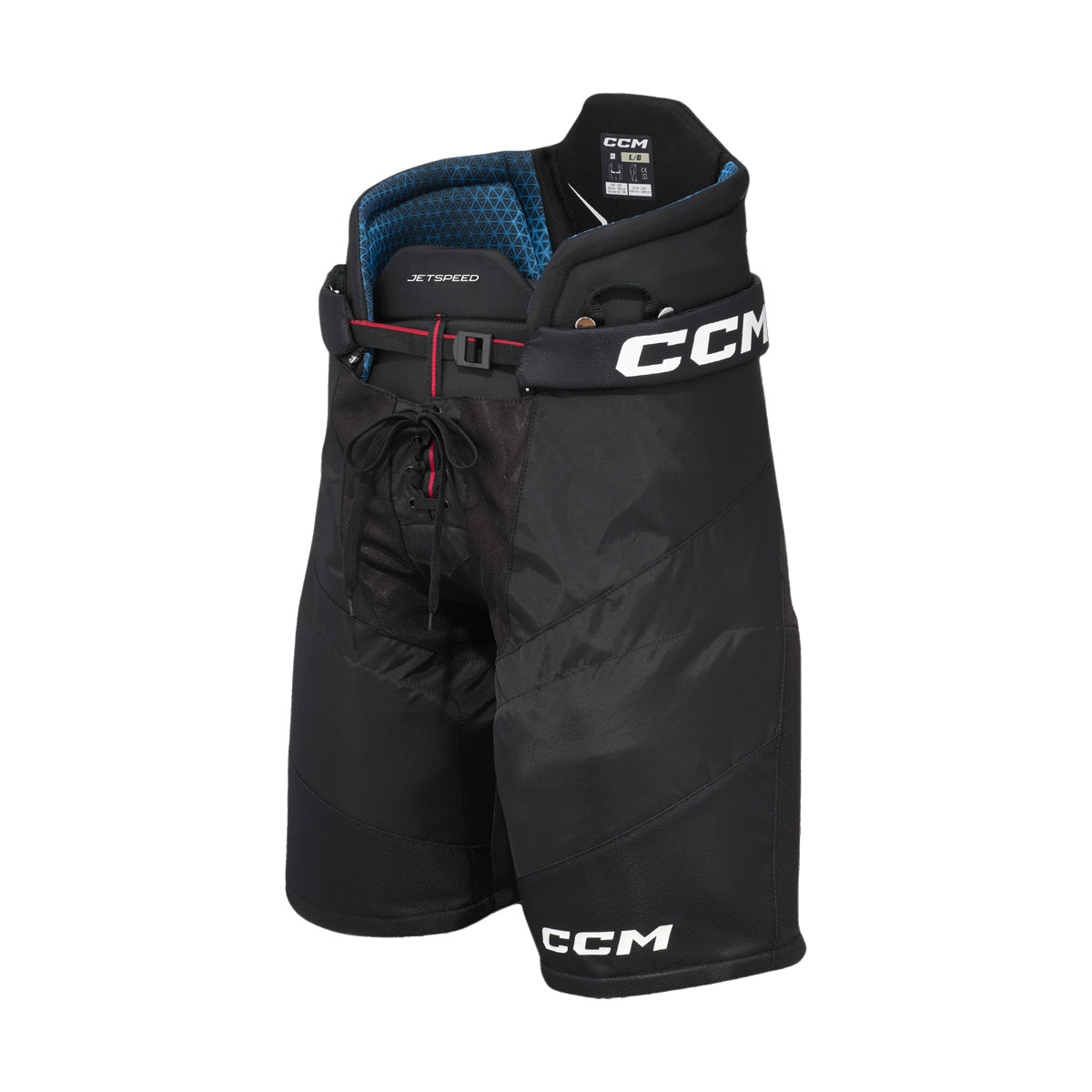 Pantalons de hockey CCM JETSPEED junior, noirs, vue de face avec logo CCM sur la ceinture et au bas de la jambe