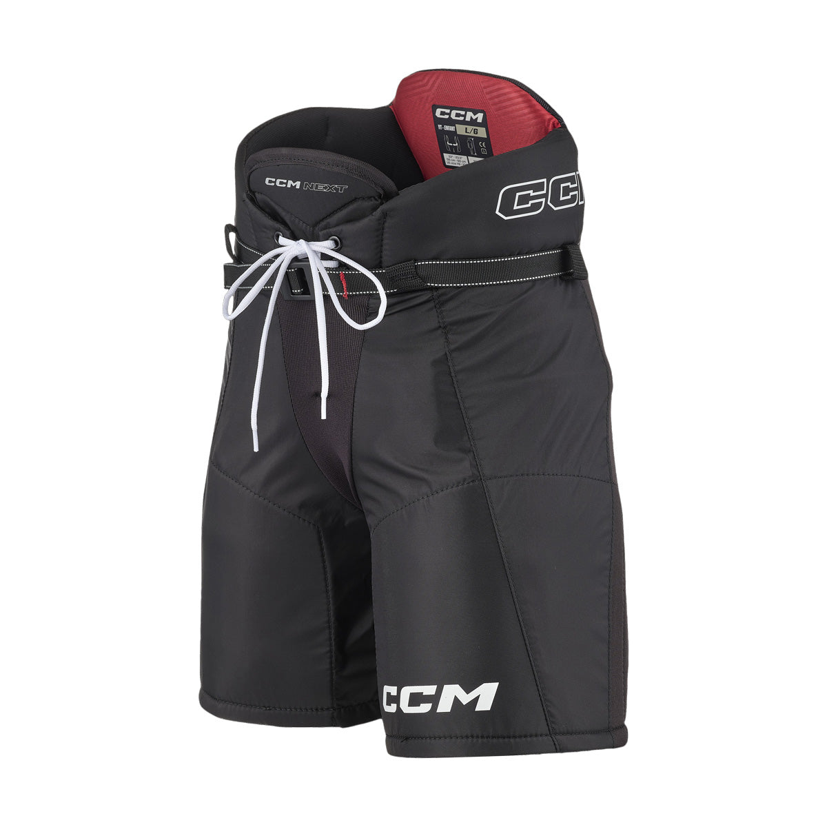 Pantalons de hockey CCM NEXT 26 pour enfants, noir, vue de trois quarts de face avec lacets et ceinture