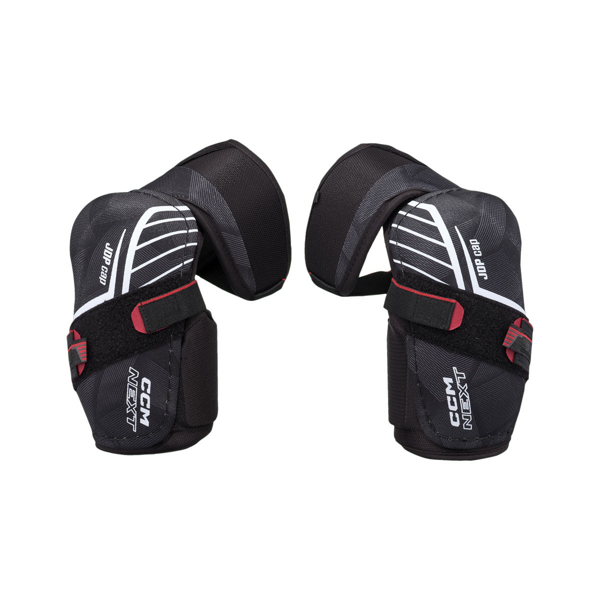 Coudières de hockey CCM Next 26 pour adultes, noir, paire avec coquille JDP cap, logo CCM NEXT et courroies à velcro