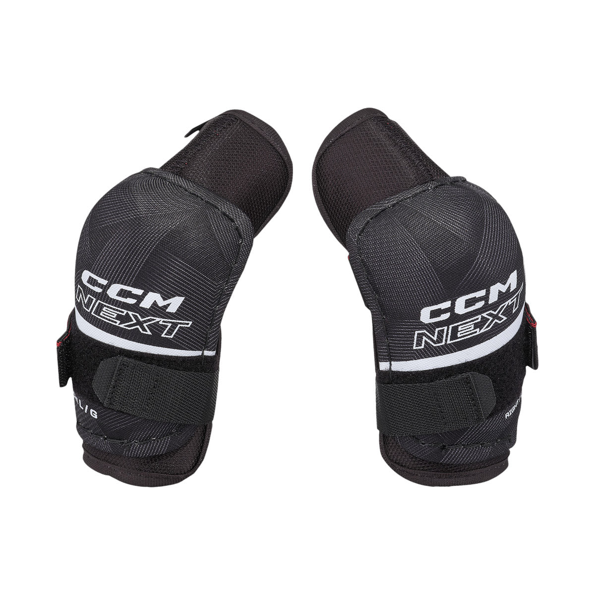 Coudières de hockey CCM Next 26 pour petits enfants, noir, paire avec logo CCM NEXT, bande blanche et courroies