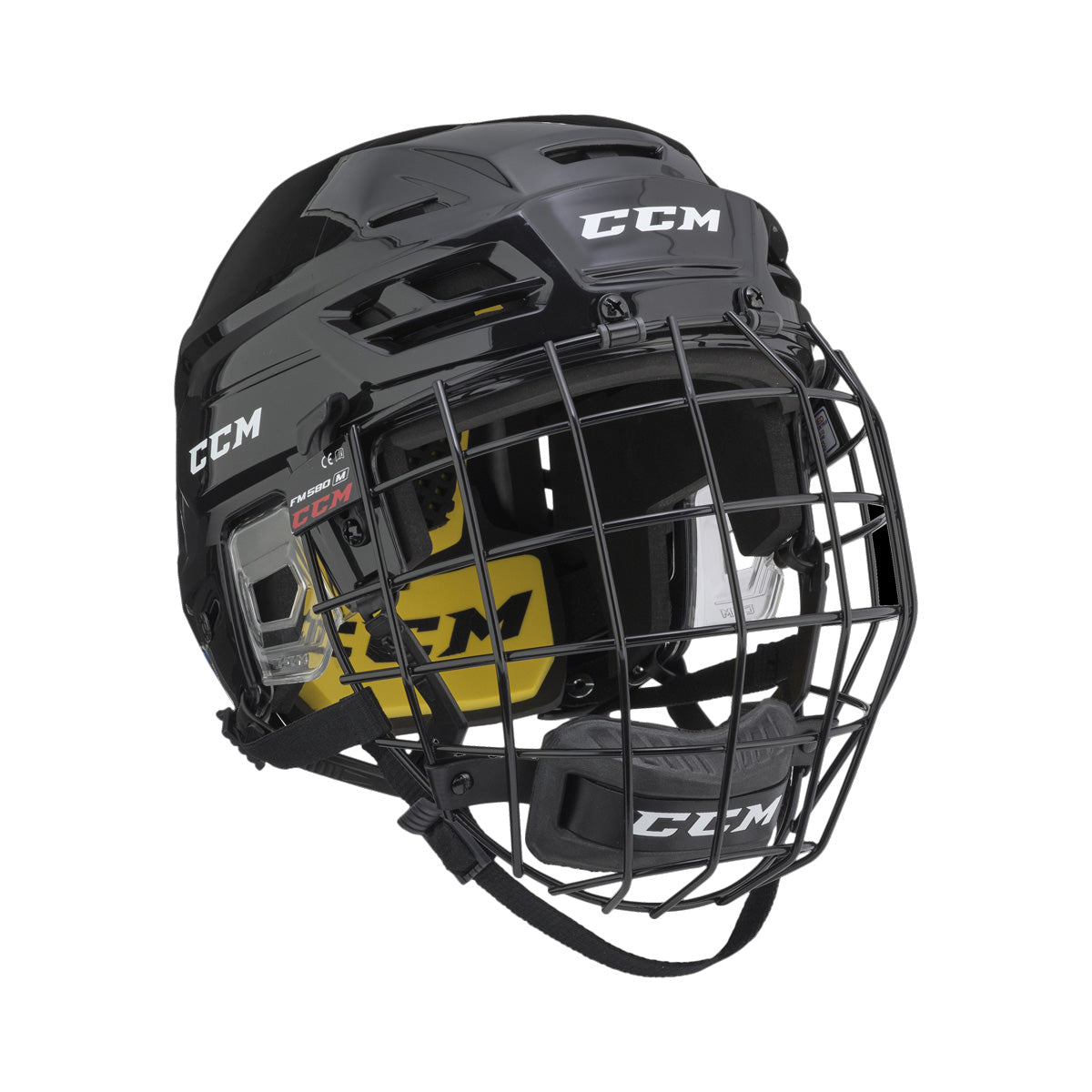Casque de hockey CCM TACKS 210 Combo pour adultes, noir, avec grille, vue de trois quarts