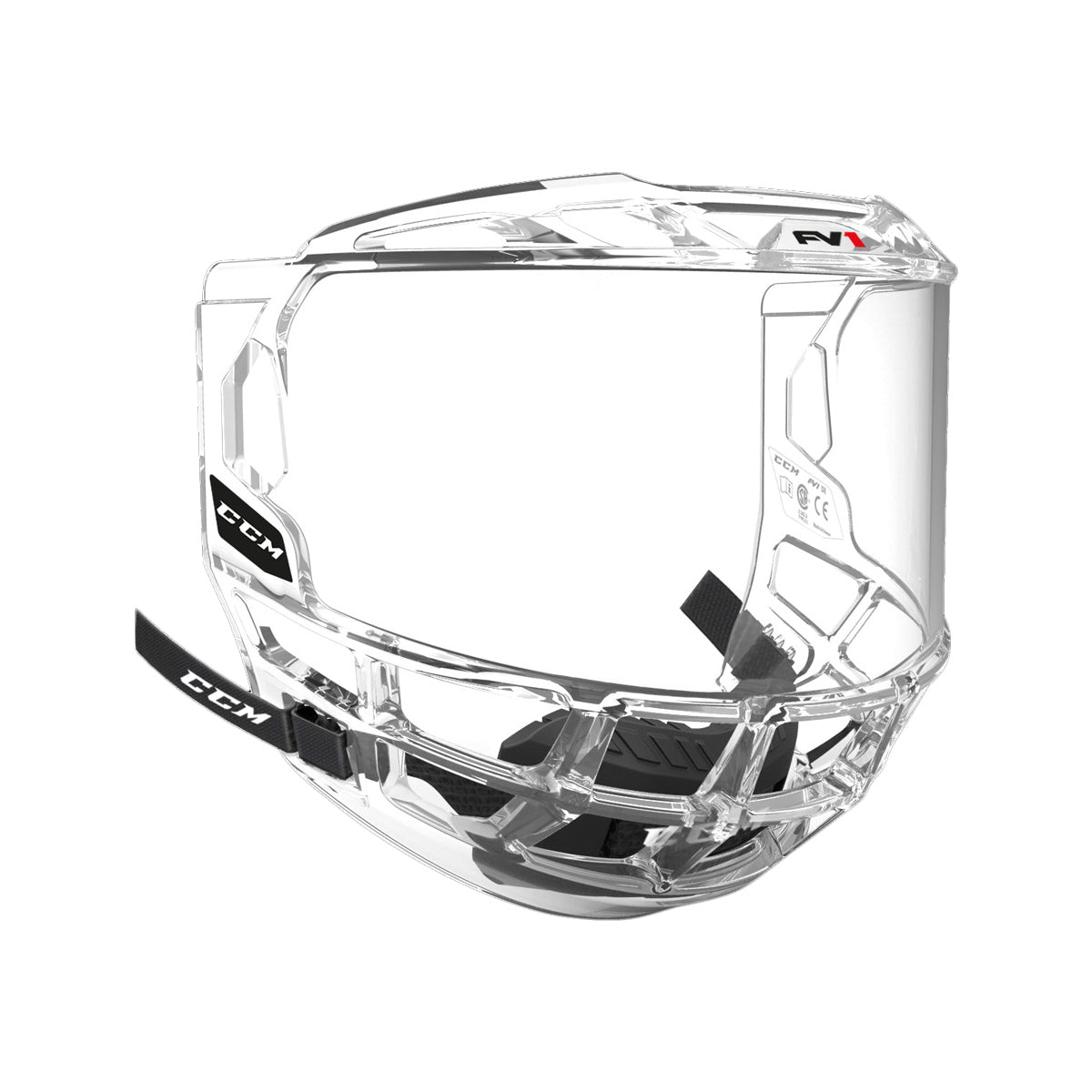 Visière intégrale de hockey CCM FV1 pour adultes, vue de trois quarts avec mentonnière en mousse et sangle CCM