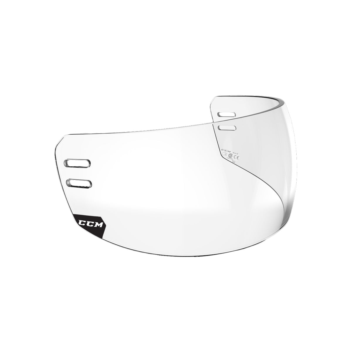 Visière de hockey CCM VR14 pour adultes, vue de côté de la visière transparente avec fentes de fixation et logo CCM