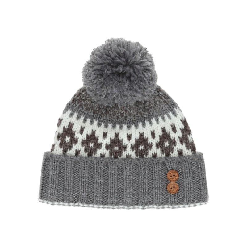 Tuque en tricot avec pompon. Grise et blanche.