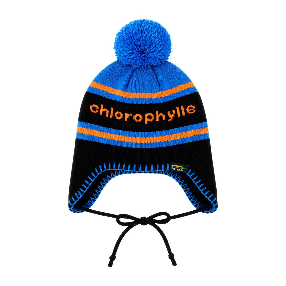 Tuque Chlorophylle CRICKET pour enfants, bleu royal, avec pompon, oreillettes et cordons, vue de face