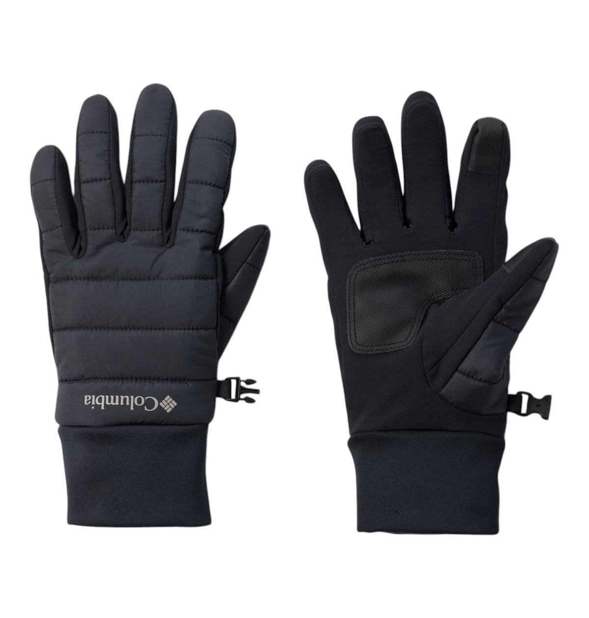 Gants Columbia Powder Lite II pour femmes, noirs, vue du dessus de la main matelassée avec logo Columbia et de la paume