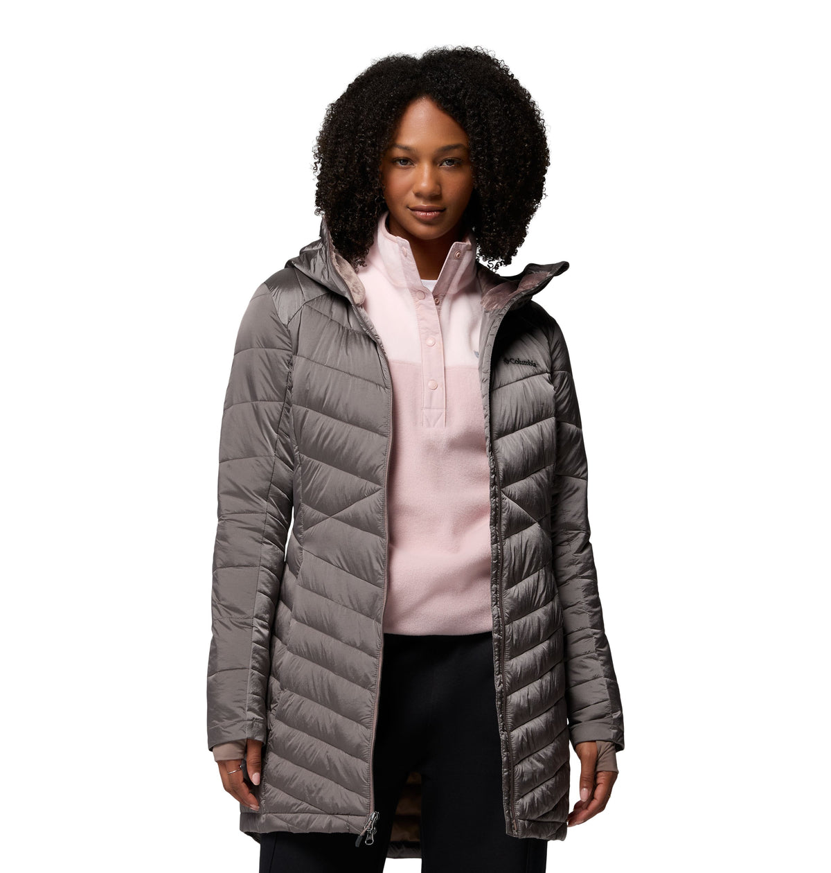 Manteau mi-long Joy Peak II Mid de Columbia pour femmes, charcoal, porté ouvert, vue de face