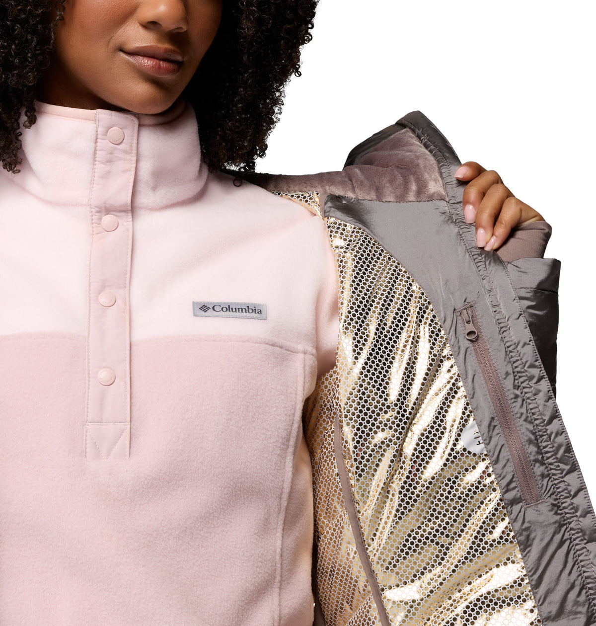 Manteau mi-long Joy Peak II Mid de Columbia pour femmes, charcoal, détail de la doublure Omni-Heat Infinity à points dorés