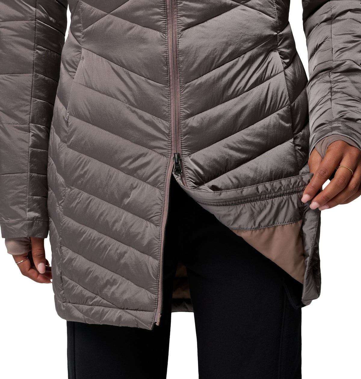 Manteau mi-long Joy Peak II Mid de Columbia pour femmes, charcoal, détail de la fermeture à double sens et de la poche