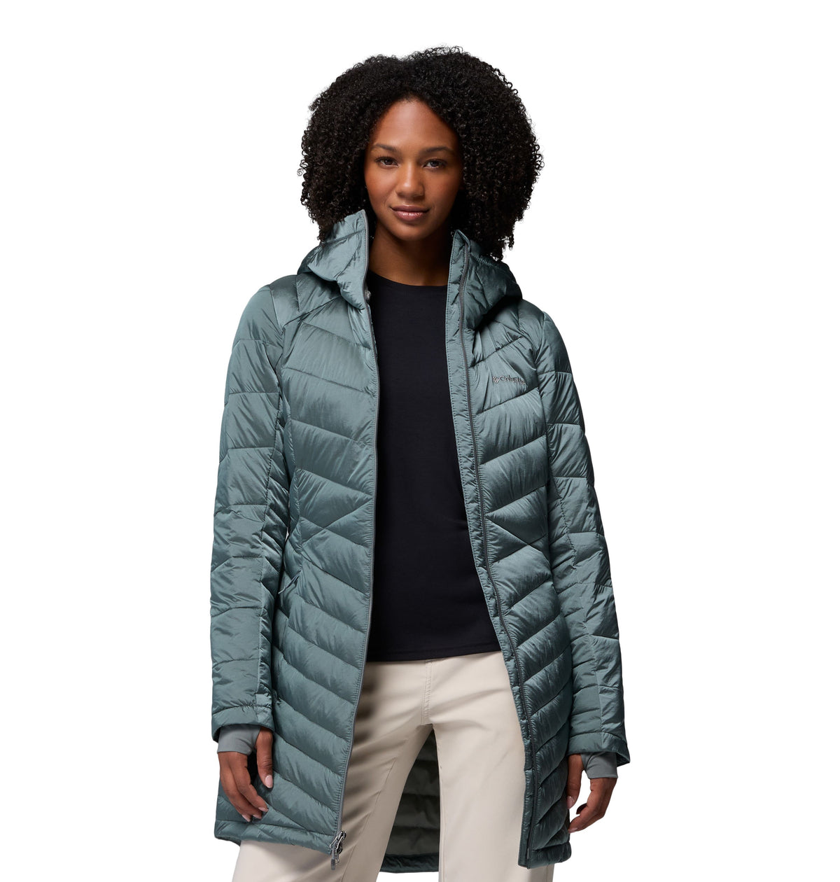 Manteau mi-long Joy Peak II Mid de Columbia pour femmes, vert, porté ouvert, vue de face