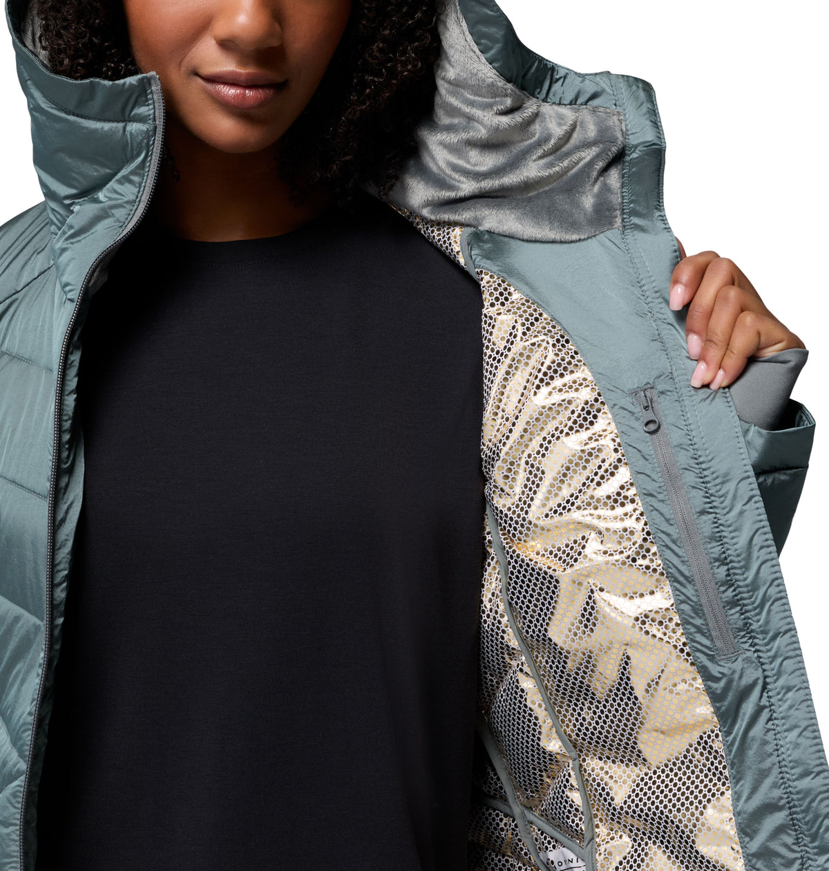 Manteau mi-long Joy Peak II Mid de Columbia pour femmes, vert, détail de la doublure Omni-Heat Infinity à points dorés