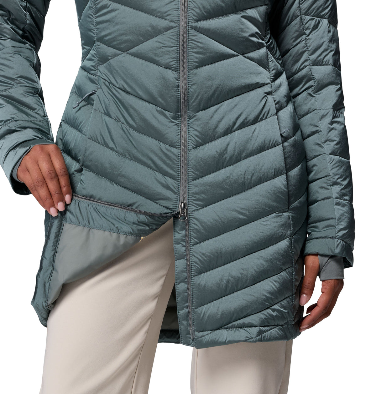 Manteau mi-long Joy Peak II Mid de Columbia pour femmes, vert, détail de la fermeture à double sens et de la poche
