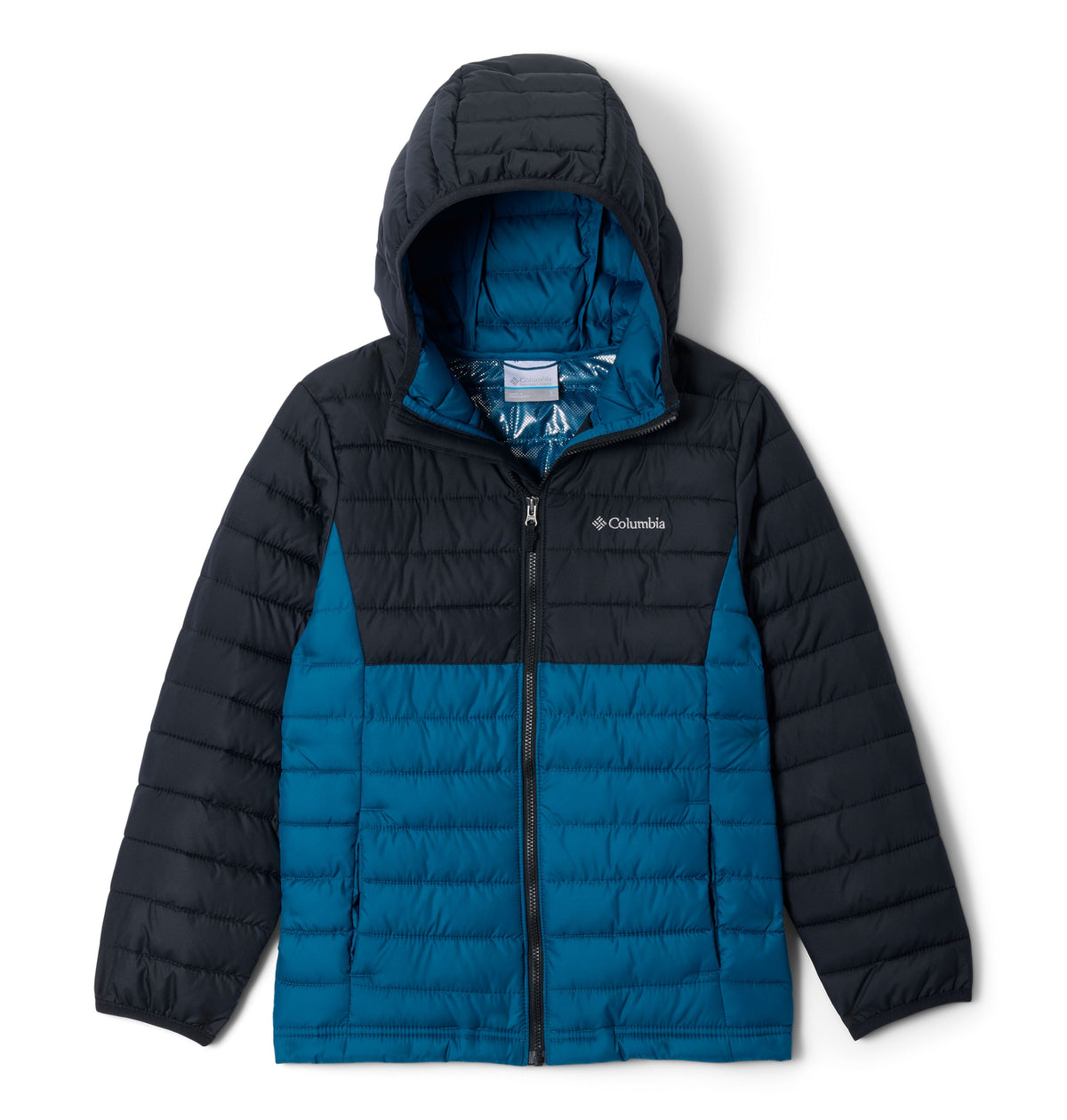Manteau matelassé Powder Lite II Hooded de Columbia pour garçons, noir et bleu, vue de face