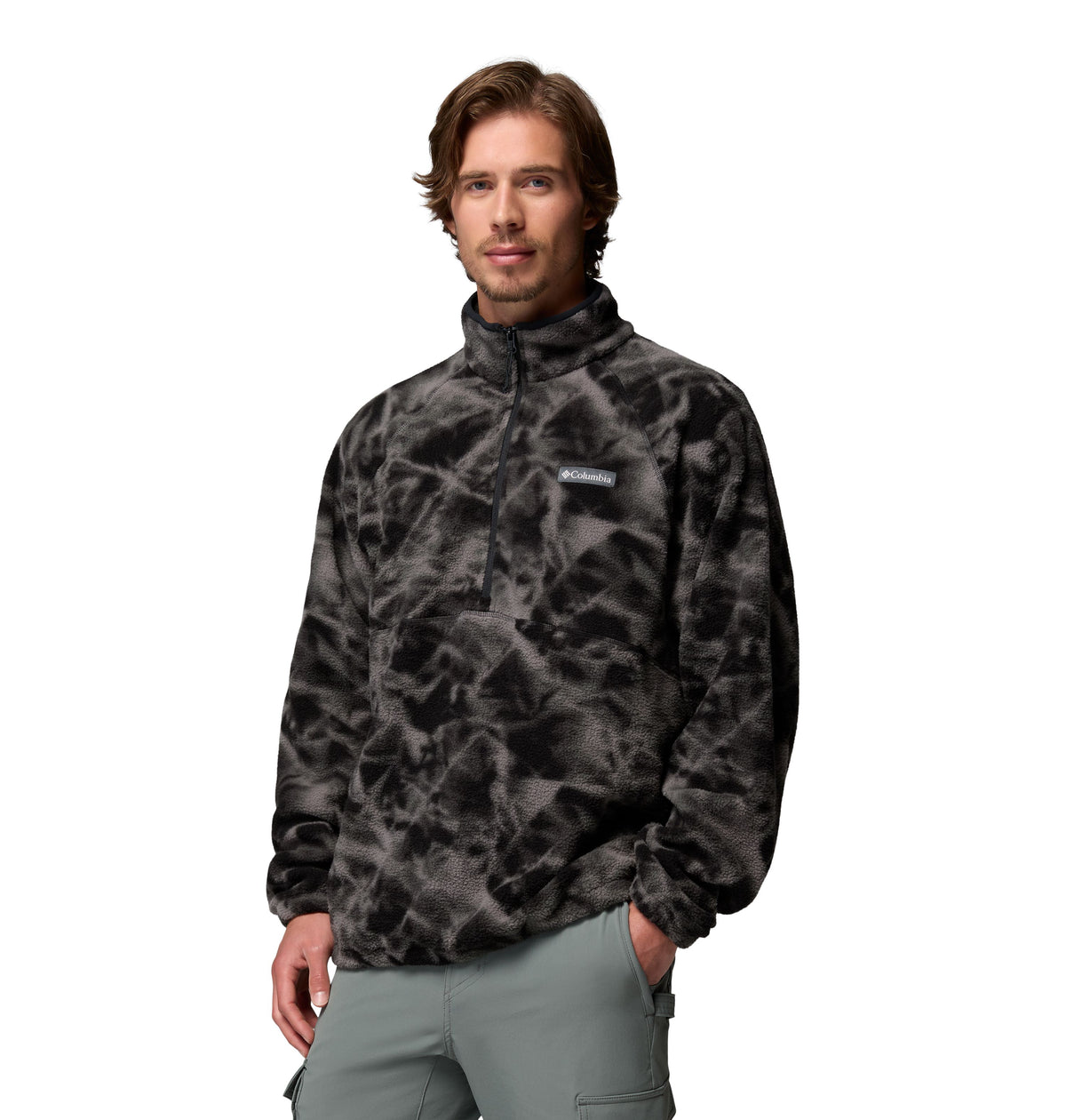 Chandail polar Timber Crest Printed Half Zip de Columbia pour hommes, imprimé noir, porté de face