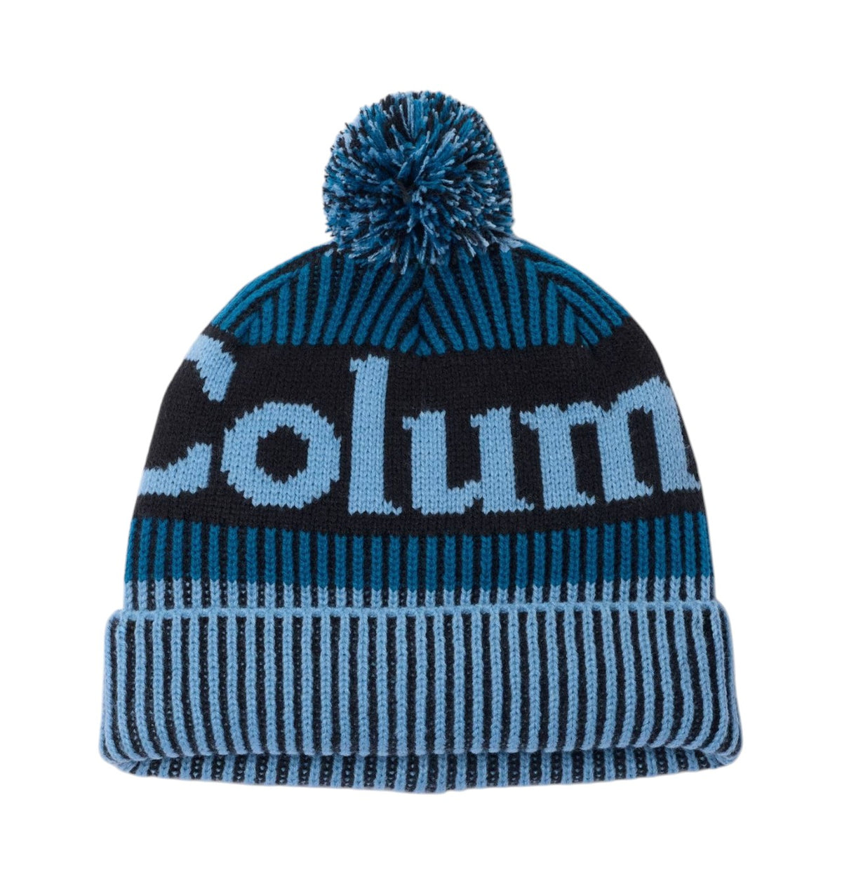 Tuque à pompon Columbia Polar Powder III pour enfants, bleu pâle, vue de face avec grand logo Columbia et revers côtelé