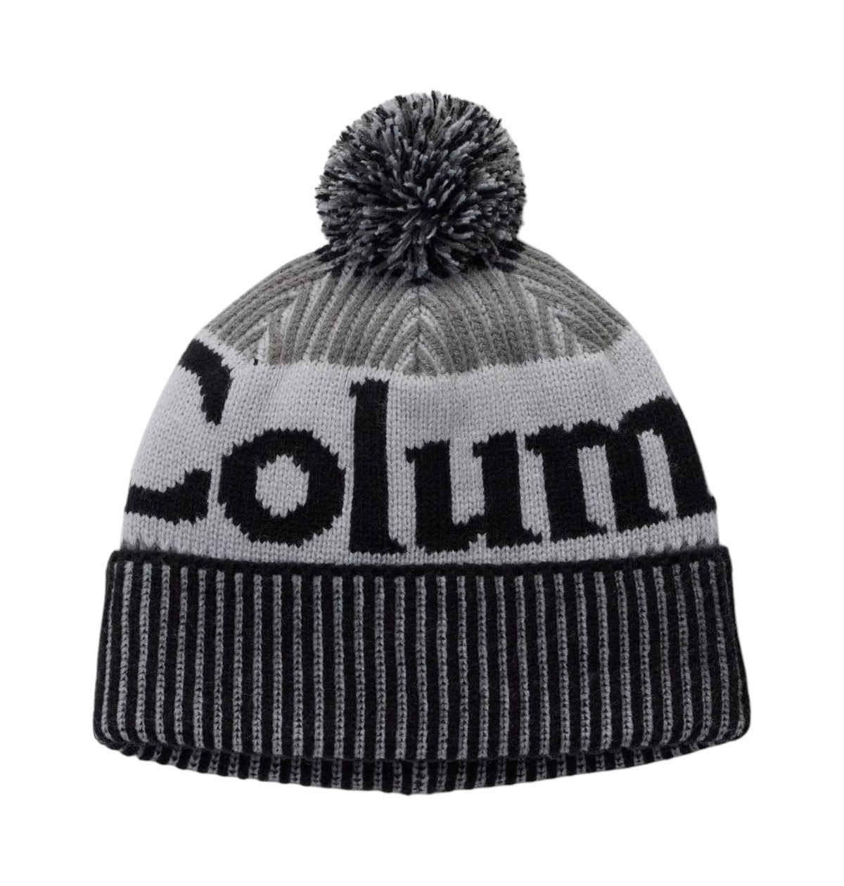 Tuque à pompon Columbia Polar Powder III pour enfants, vue de face avec grand logo Columbia et revers côtelé