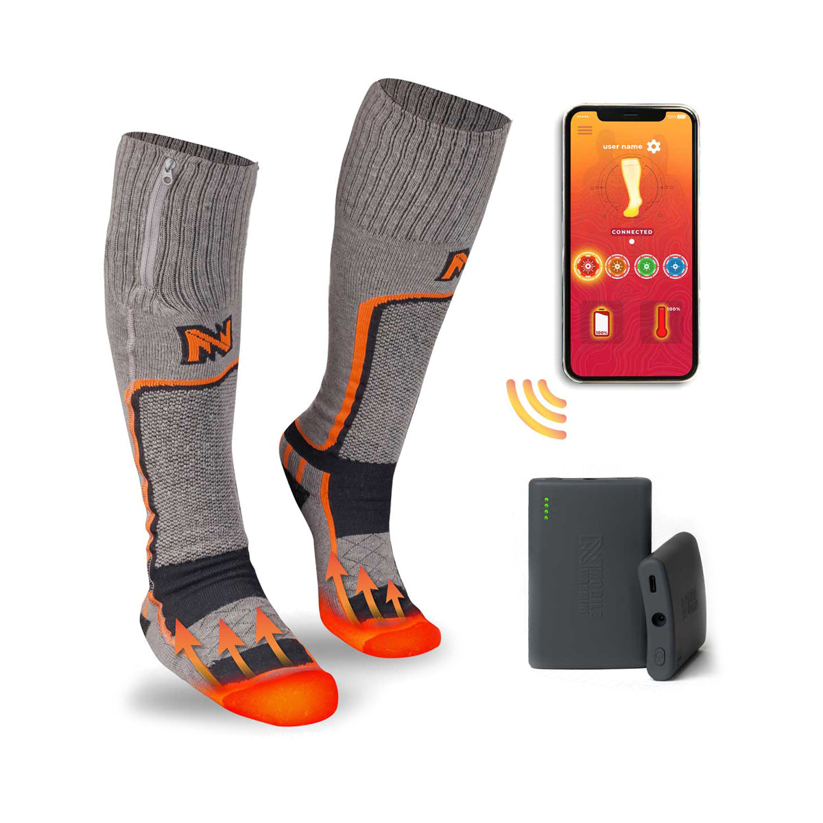 Bas chauffants Fieldsheer Pro Merino pour hommes, gris et orange, avec batterie et application mobile, vue de face