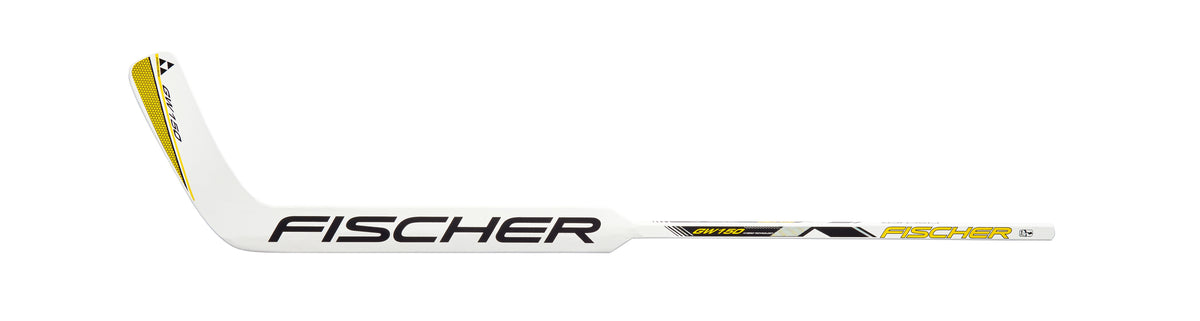 Bâton de gardien de but Fischer GW150, palette blanche et jaune avec le logo Fischer, vue de côté
