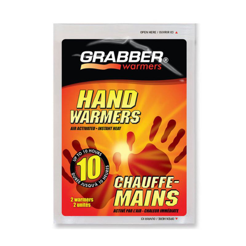 Paquet de 2 chauffe-mains Grabber Hand Warmers activés par l’air, chaleur jusqu’à 10 heures, vue de face de l’emballage