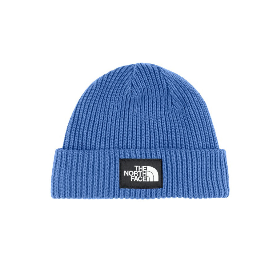 Tuque North Face Salty Lined Beanie pour garçons, vue de face avec étiquette logo tissée sur le revers