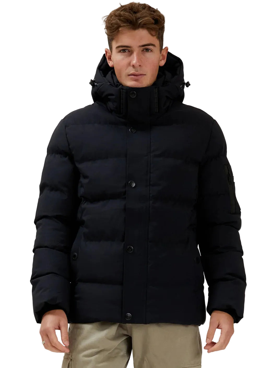 Manteau matelassé Puffer de Point Zero pour hommes, noir, porté de face