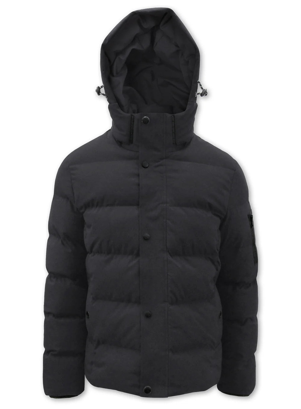 Manteau matelassé Puffer de Point Zero pour hommes, noir, vue de face avec le capuchon