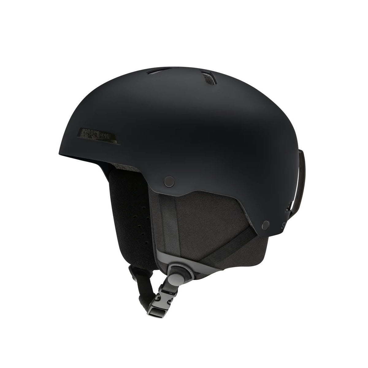 Casque de ski Smith Rodeo Jr pour enfants, noir, vue de côté avec jugulaire et protège-oreilles