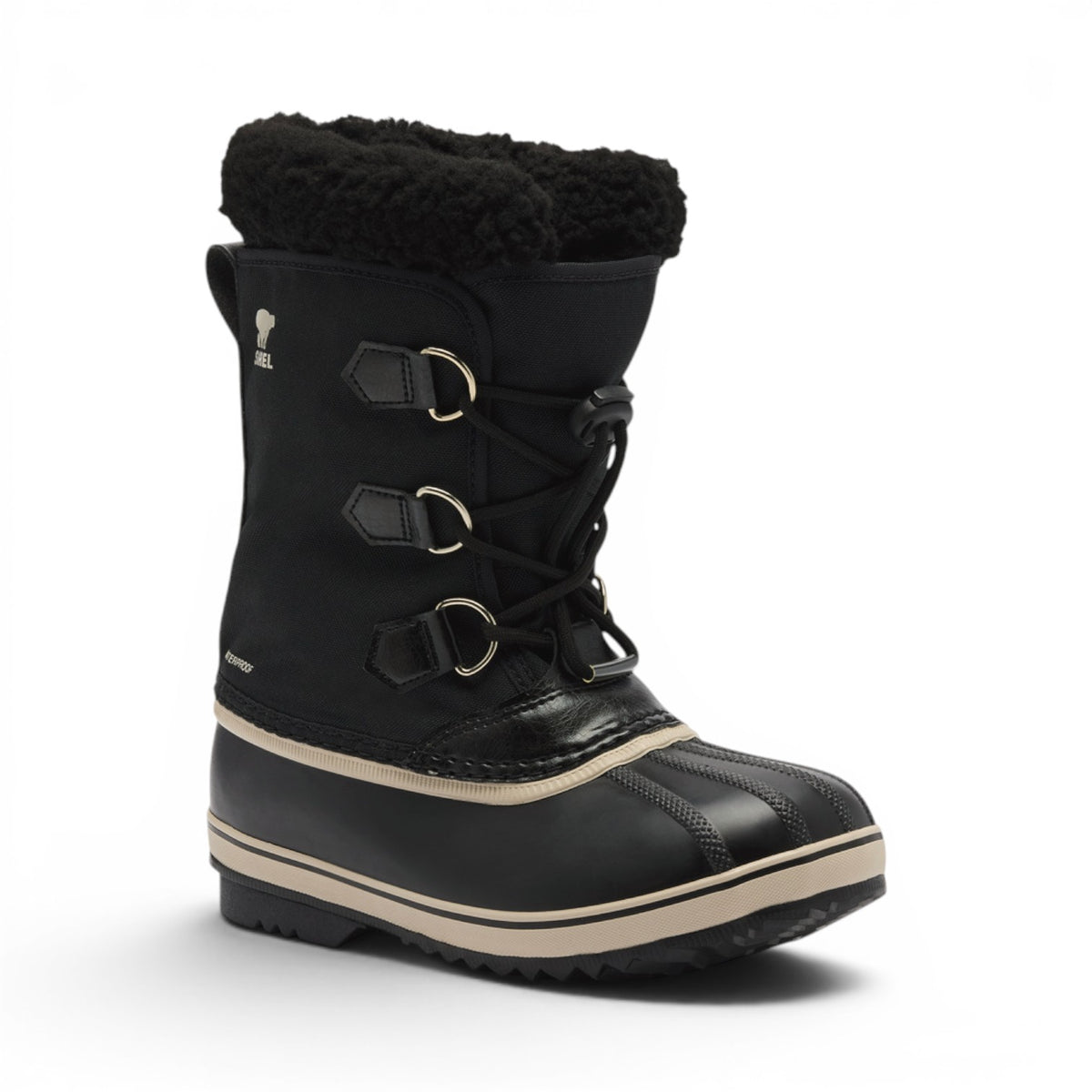 Bottes d’hiver Sorel Yoot Pac Nylon pour garçons, noires, vue de trois quarts avec lacets