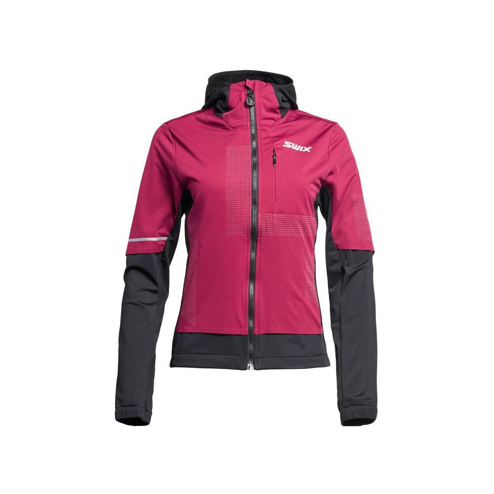 Manteau softshell Delda Light Softshell Jacket Swix pour femmes cerise et noir, vue de face avec capuchon et poches zippées