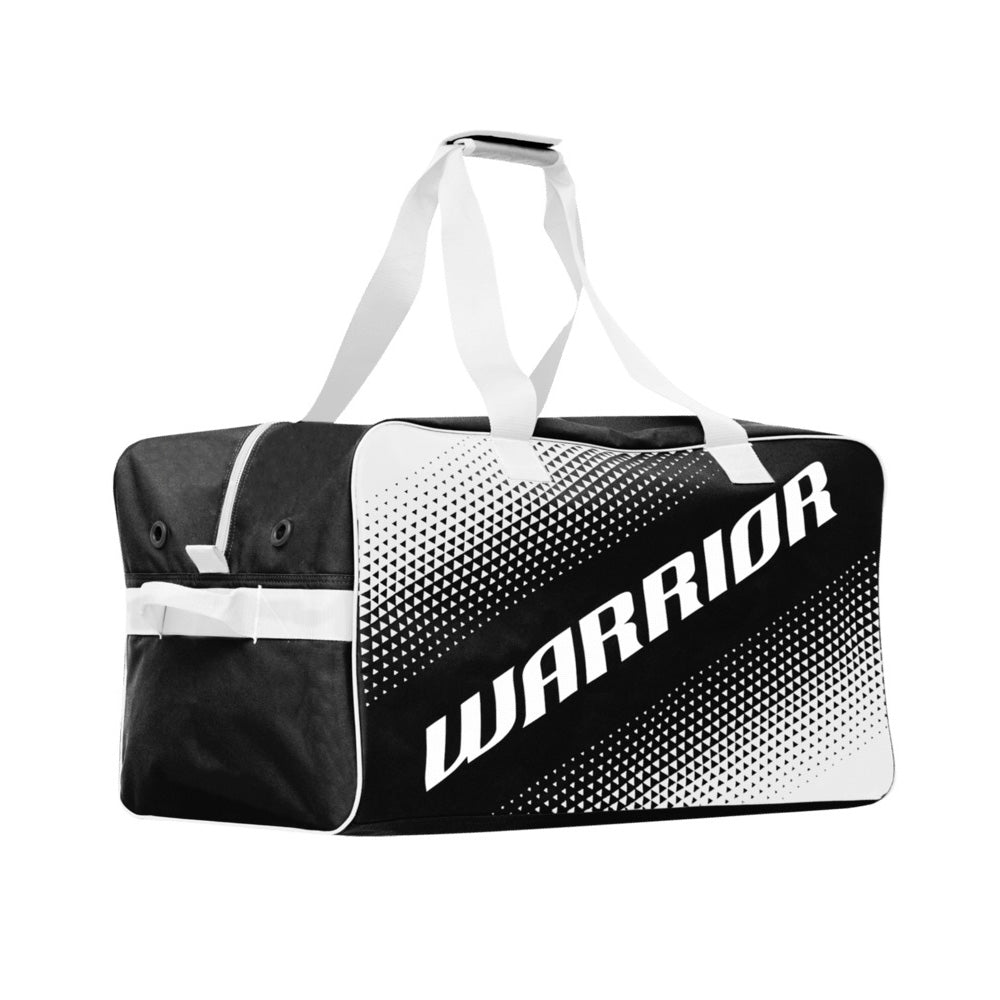 Sac de hockey Warrior A40 Carry Medium, noir et blanc, vue de trois quarts avec logo Warrior, poignées et œillets d'aération