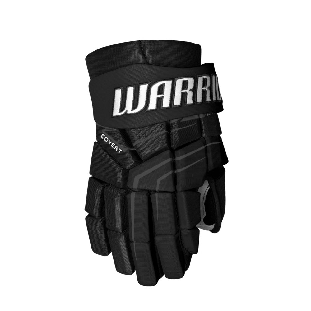 Gant de hockey Warrior QR7T pour adultes, noir, vue de dos de la main avec logo Warrior et mention COVERT