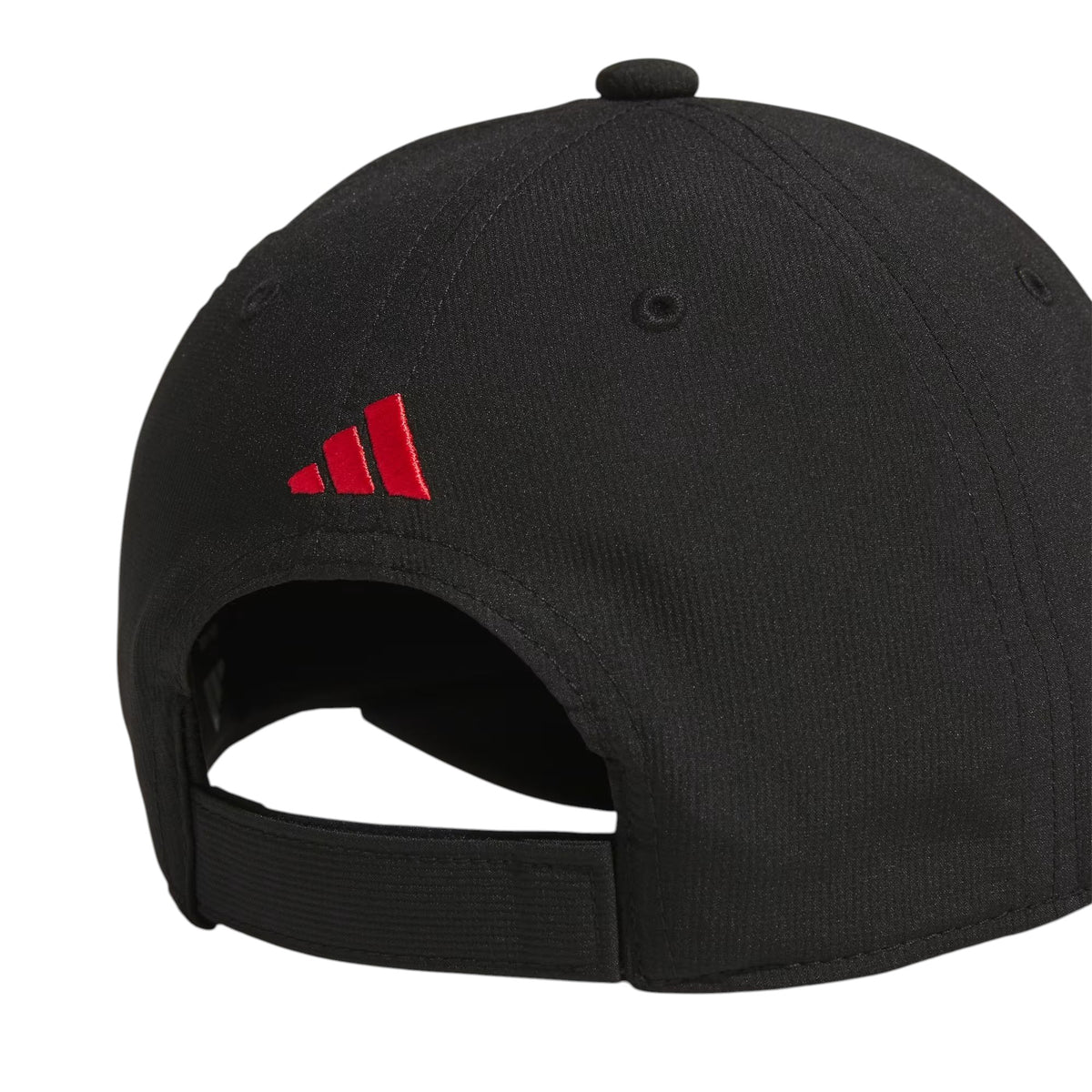 Casquette Adidas Alliance Strapback noire et rouge pour garçons, détail du logo adidas et de la sangle