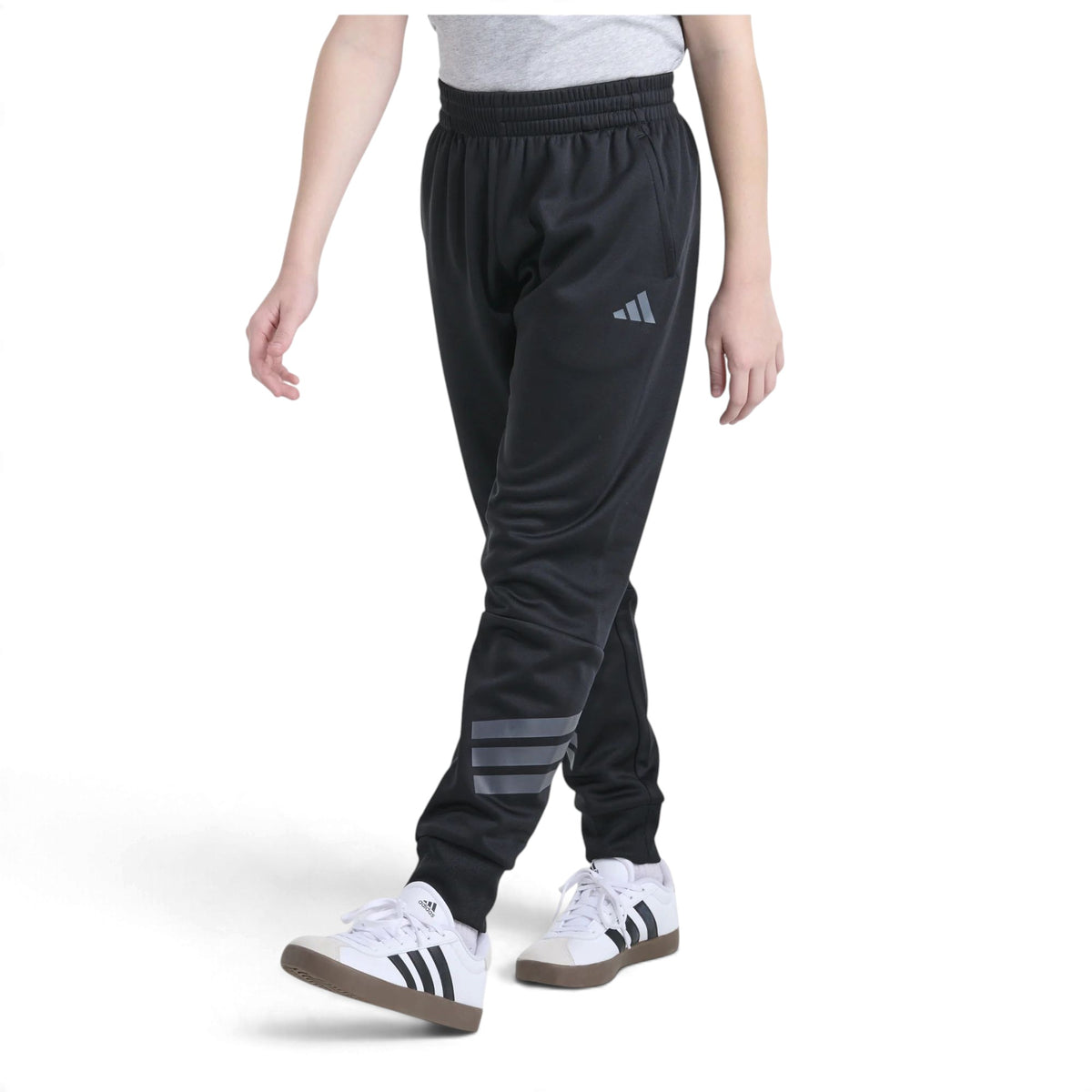 Pantalon jogger Adidas Future Icons noir pour garçons avec bandes grises sur les jambes, vue de face