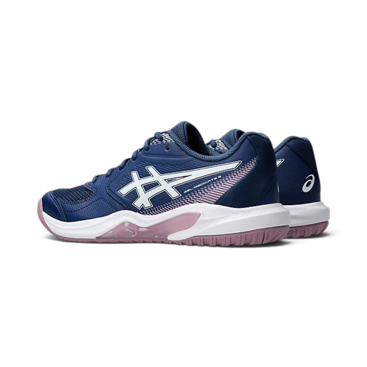Paire de souliers de tennis Asics GEL-DEDICATE 9 pour femmes, bleu et rose, vue de trois quarts arrière