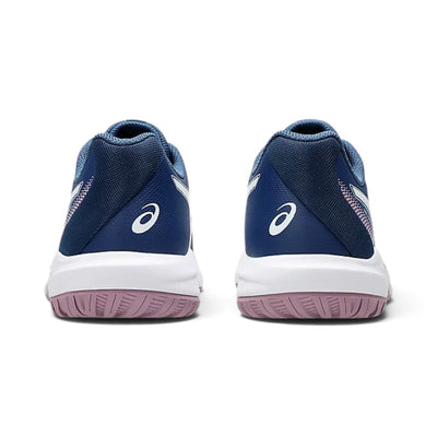 Talons des souliers de tennis Asics GEL-DEDICATE 9 pour femmes, bleu et rose, vue de l'arrière