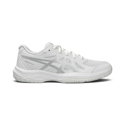 Soulier de sport intérieur Asics UPCOURT 6 GS pour enfants, blanc avec détails argent, vue de côté