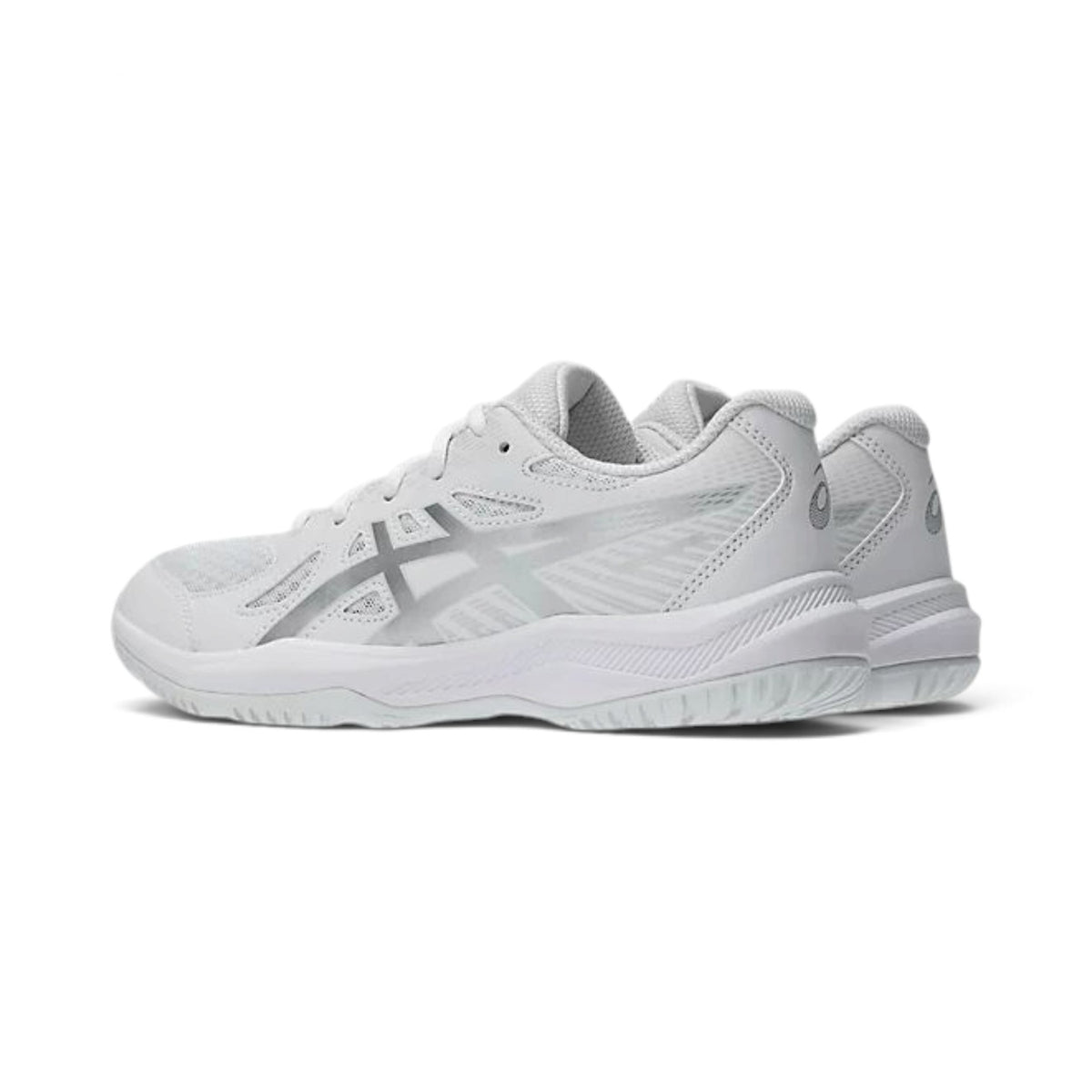 Paire de souliers Asics UPCOURT 6 GS pour enfants, blanc avec détails argent, vue de trois quarts arrière