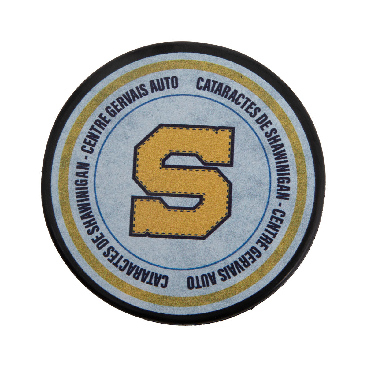 Hockey pucks featuring the Shawinigan Cataractes logo