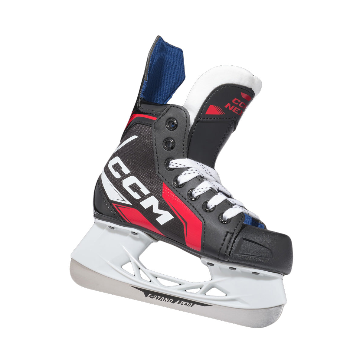 Patin de hockey CCM NEXT24 noir pour juniors, vue de côté en trois quarts avec lacets blancs