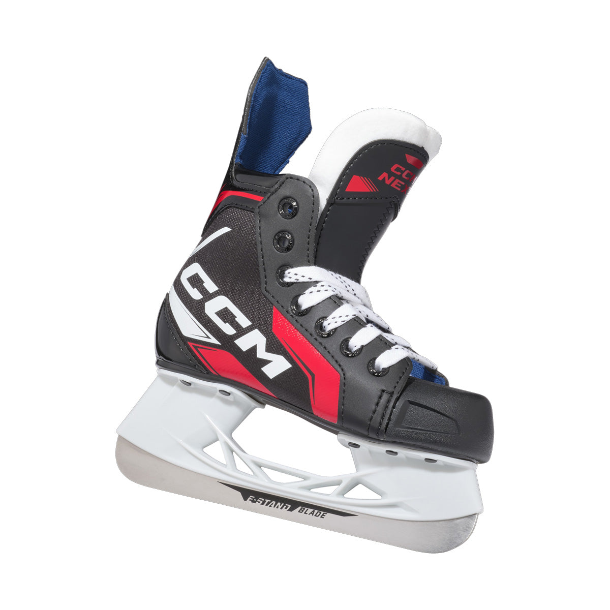 Patin de hockey CCM NEXT24 noir pour petits enfants, vue de côté en trois quarts avec lacets blancs